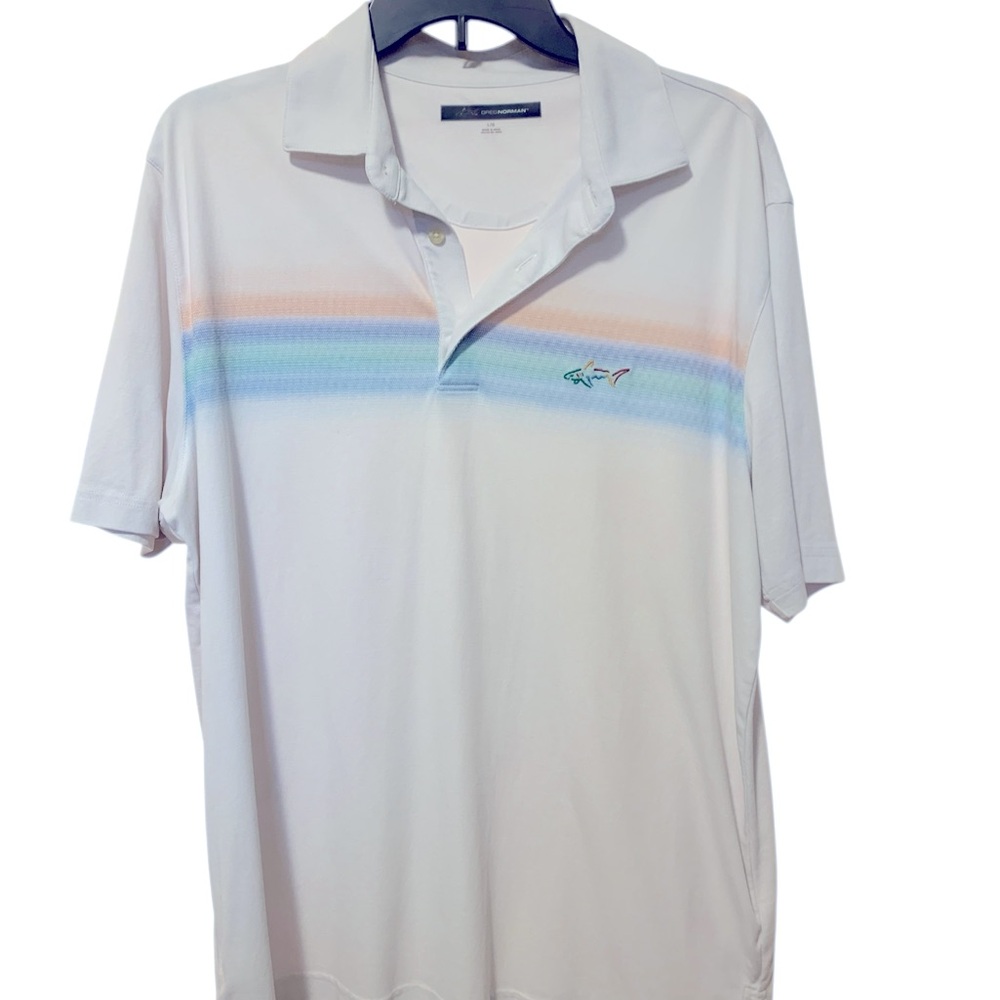 Greg Norman Collection white and Blue Polo Shirt Athletic Design shark large
